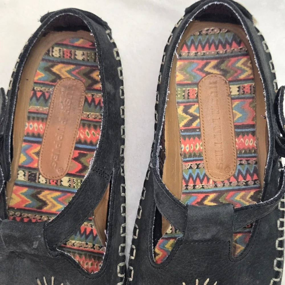 Hush Puppies Womens 8.5 W Black Leather T-Strap Sunburst Flats Shoes 58304